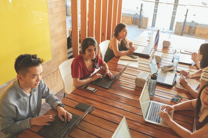 A group of students study in the sunshine of a balcony at UNSW Business School
