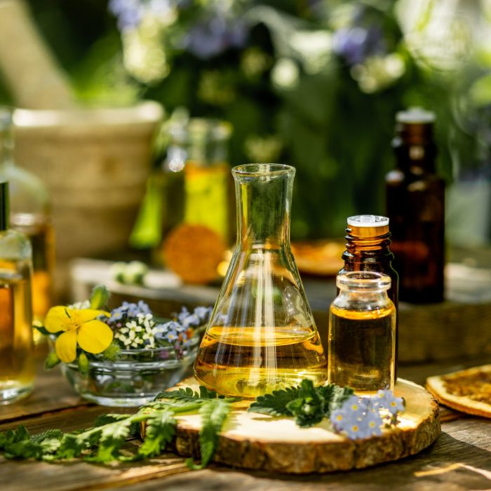 Alternative green herbal medicine. Natural plant-based ingredients for skin care beauty products, perfumery production. Small business, laboratory, drug research, organic extracts in glassware