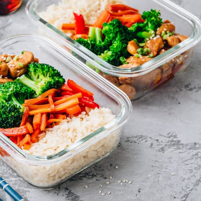 Chicken teriyaki stir fry meal prep lunch box containers with broccoli, rice and carrots