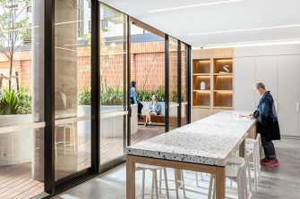 Students in kitchen and patio of Iglu Redfern accommodation